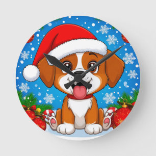 Niedlicher Welpe mit Weihnachtsmannmütze und Weihn Runde Wanduhr
