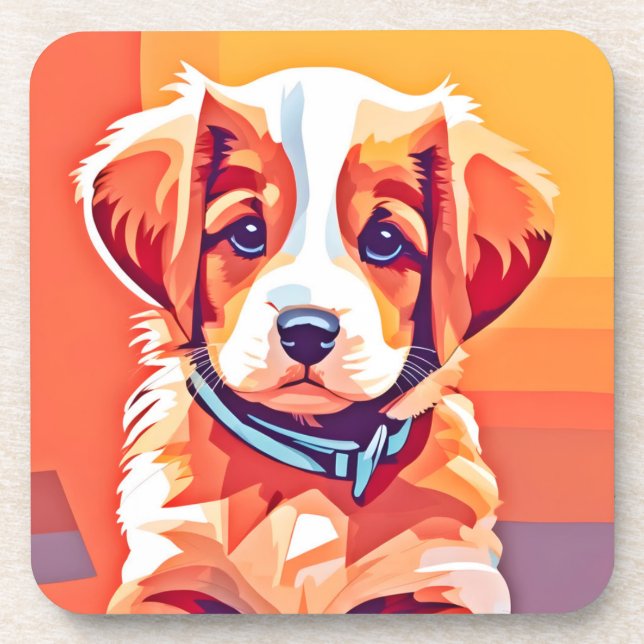 Niedlicher Welpe-Pop Art Getränkeuntersetzer (Vorderseite)