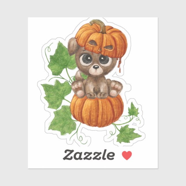 Niedlicher Welpe sitzt auf einem großen Kürbis und Aufkleber (Blatt)