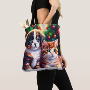Niedlicher Welpe und Katze unter Weihnachtsbaum