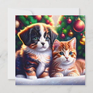 Niedlicher Welpe und Katze unter Weihnachtsbaum Einladung