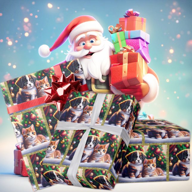 Niedlicher Welpe und Katze unter Weihnachtsbaum Geschenkpapier (Von Creator hochgeladen)