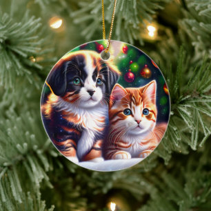 Niedlicher Welpe und Katze unter Weihnachtsbaum Keramik Ornament