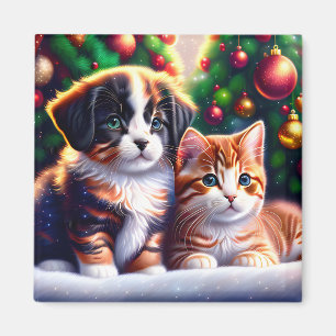 Niedlicher Welpe und Katze unter Weihnachtsbaum Magnet