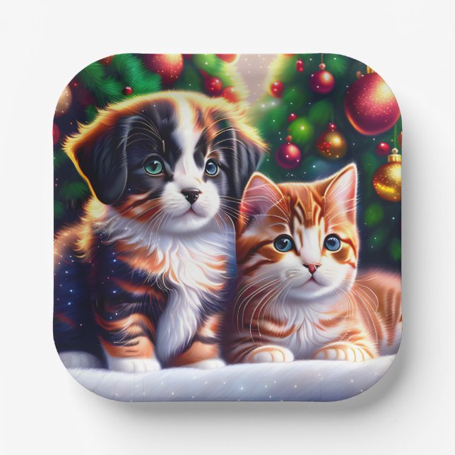 Niedlicher Welpe und Katze unter Weihnachtsbaum Pappteller (Vorderseite)