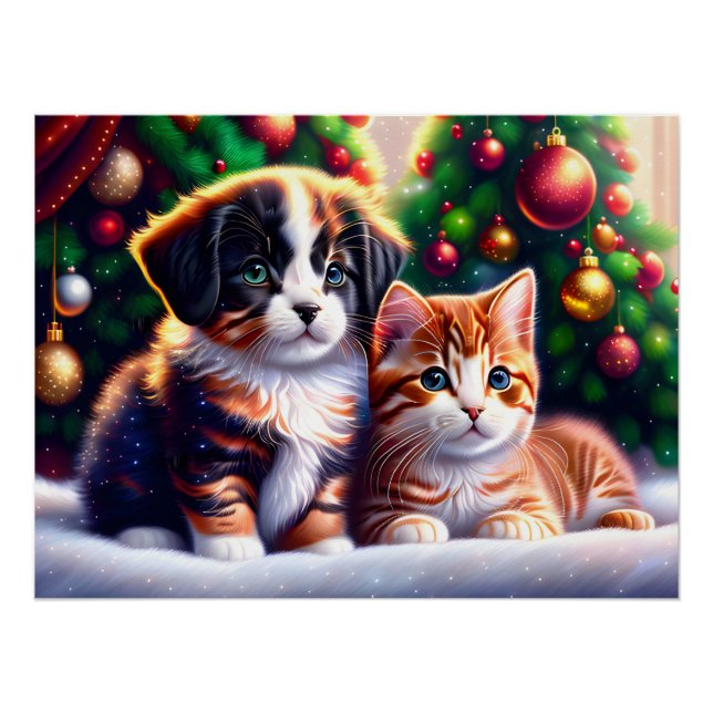 Niedlicher Welpe und Katze unter Weihnachtsbaum Poster (Vorderseite)