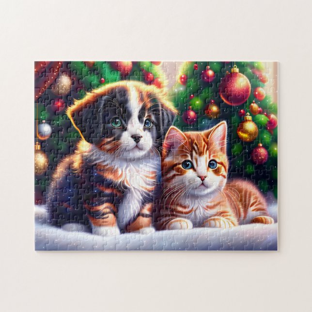 Niedlicher Welpe und Katze unter Weihnachtsbaum Puzzle (Horizontal)