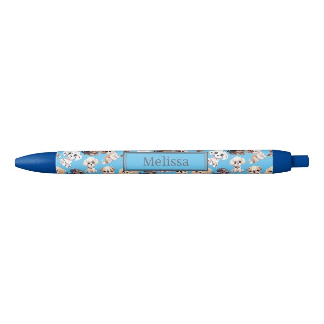 Niedlicher Welpen-Hund Blauer Pattern-Stift Kugelschreiber (Vorderseite)