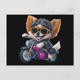 Niedlicher Welpen-Hund mit Motorrad fahren Postkarte