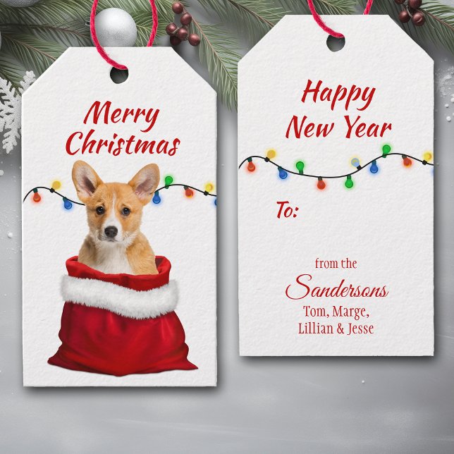Niedlicher Welpenhund aus Corgi in Santa Bag Geschenkanhänger (Von Creator hochgeladen)