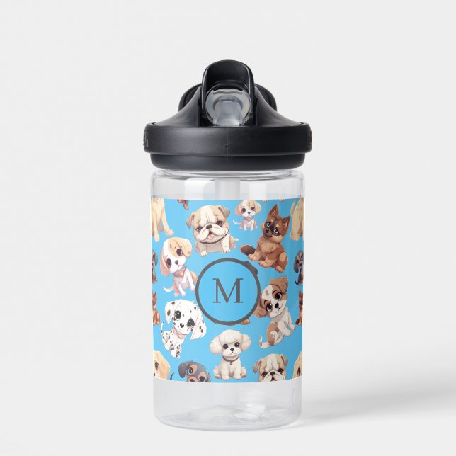 Niedlicher Welpenhund Blue Monogram Trinkflasche (Vorne)