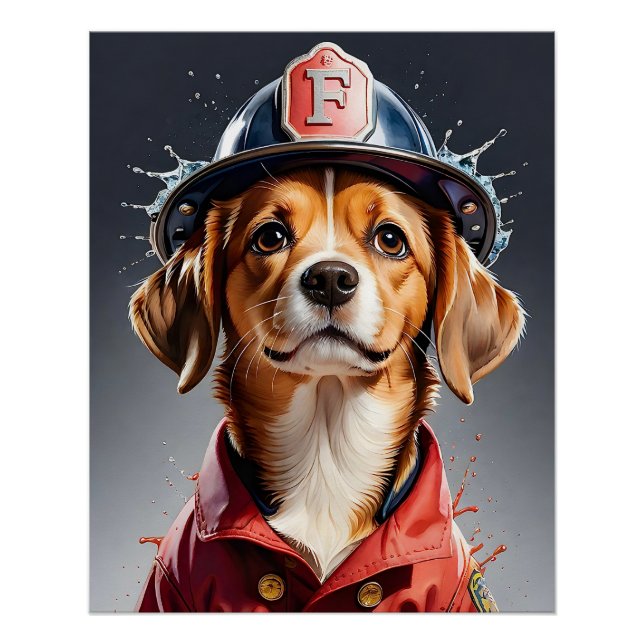 Niedlicher Welpenhund in Firefighter Uniform Water Poster (Vorderseite)
