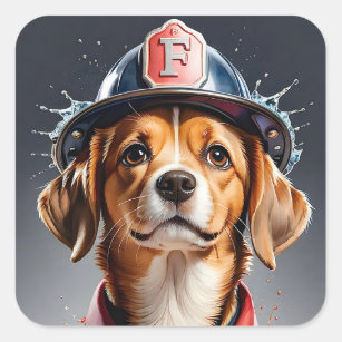 Niedlicher Welpenhund in Firefighter Uniform Water Quadratischer Aufkleber