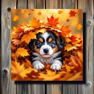 Niedlicher Welpenhund in Herbstlauben Leinwanddruck