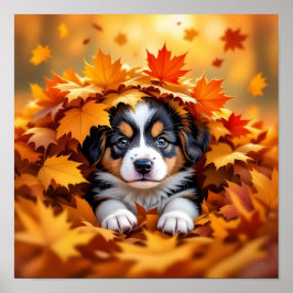 Niedlicher Welpenhund in Herbstlauben Poster