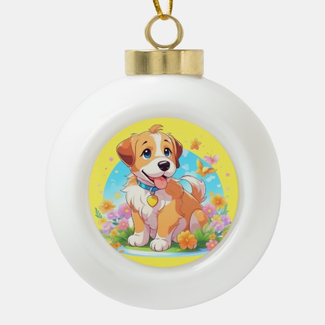 Niedlicher Welpenhund Keramik Kugel-Ornament (Vorderseite)