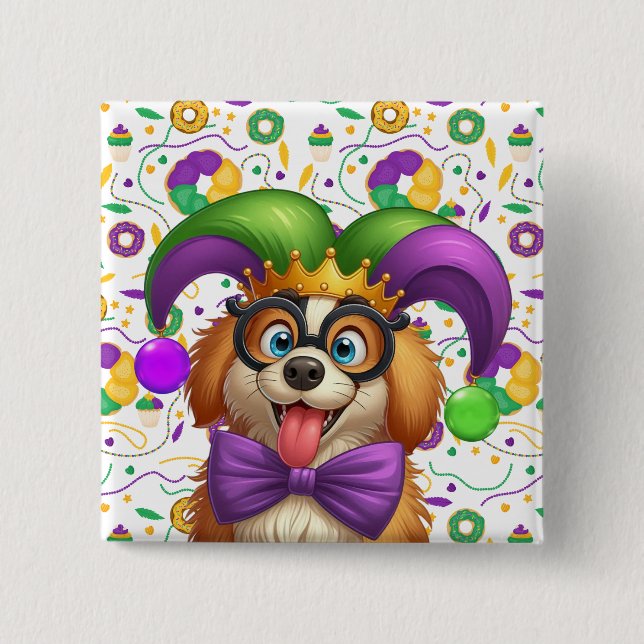 Niedlicher Welpenhund Mardi Gras in der Hut Button (Vorderseite)