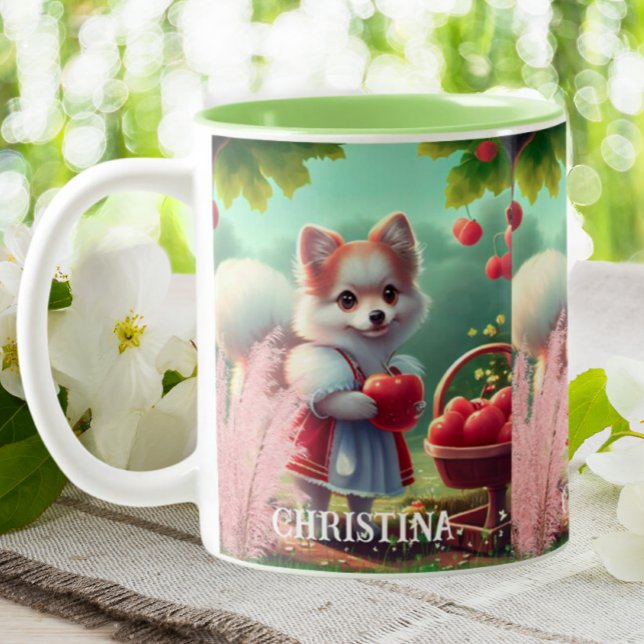 Niedlicher Welpenhund mit Äpfeln, Personalisierter Zweifarbige Tasse (Von Creator hochgeladen)