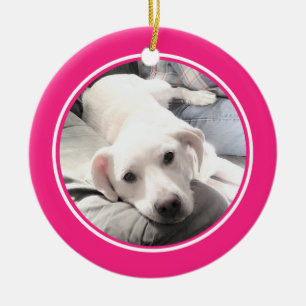 Niedlicher Welpenhund mit Vater runder, rosa Keramik Ornament