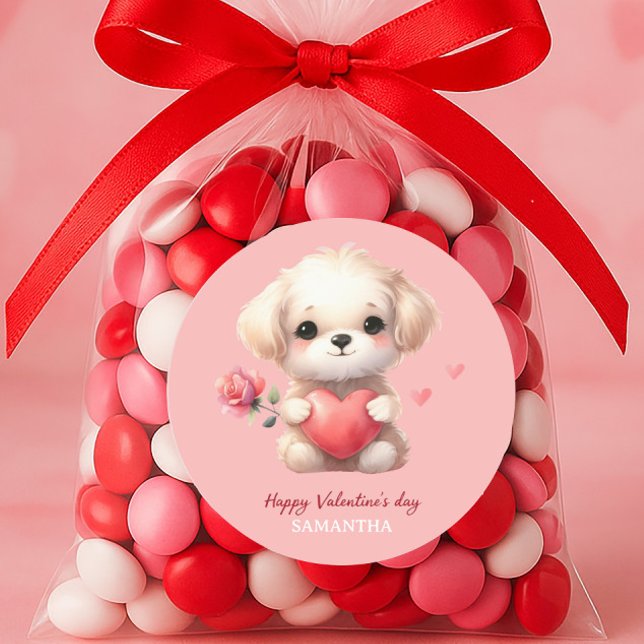 Niedlicher Welpenhund Rotes Herz PinkHappy Valenti Runder Aufkleber (Cute puppy Valentine's Day sticker)