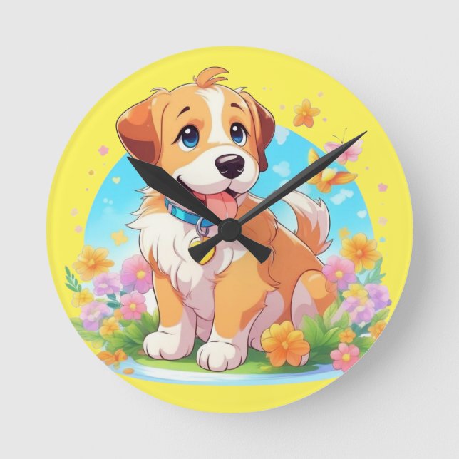 Niedlicher Welpenhund Runde Wanduhr (Vorderseite)
