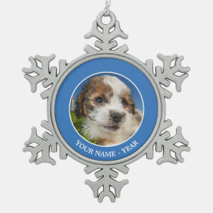 Niedlicher Welpenhund (Shitzu) Schneeflocken Zinn-Ornament
