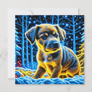 Niedlicher Welpenhund spielt im Schnee Weihnachten