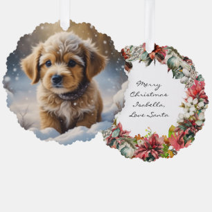 Niedlicher Welpenhund und Blumenkranz Ornament Karte