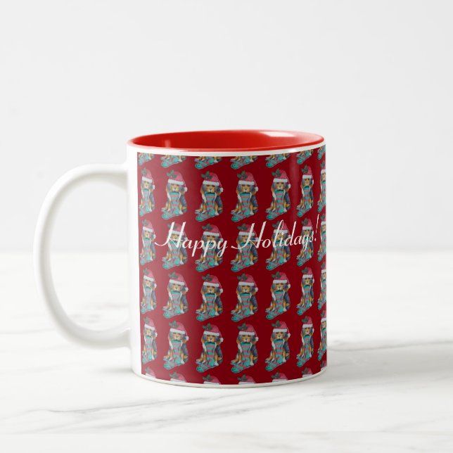 niedlicher Welpenhund zu Weihnachten gekleidet Zweifarbige Tasse (Links)
