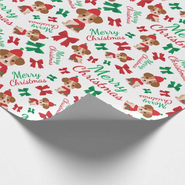Niedlicher Welpenurlaub Red & Green Bow Frohe Weih Geschenkpapier (Ecke)
