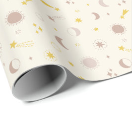 Niedlicher Weltraum Sonnenmond und Sterne auf Crem Geschenkpapier