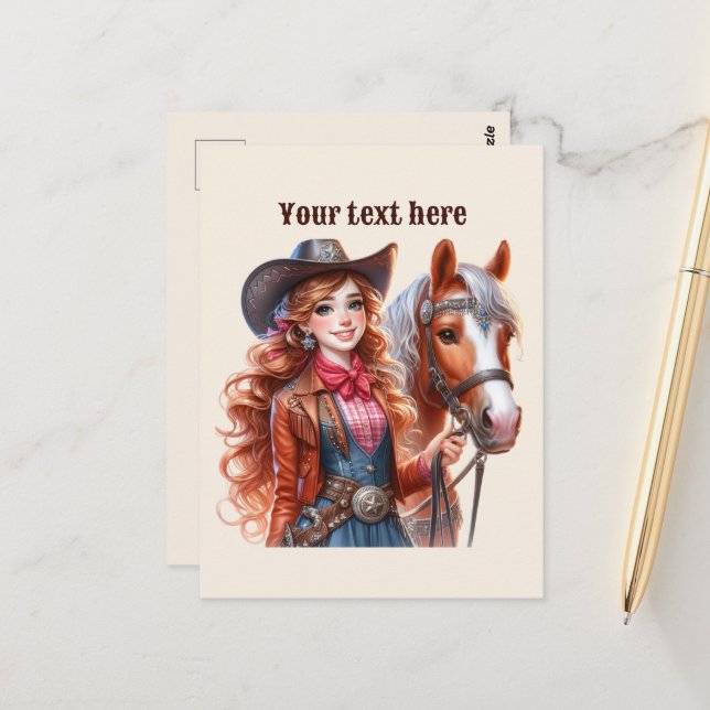 Niedlicher Western Cowgirl hinzufügen Postkarte (Vorderseite/Rückseite Beispiel)