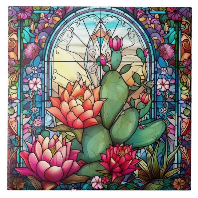 niedlicher Western Kakteen Liebhaber von Buntglas Fliese (Vorderseite)