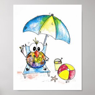 Niedlicher Whimsical Bird am Strand Poster