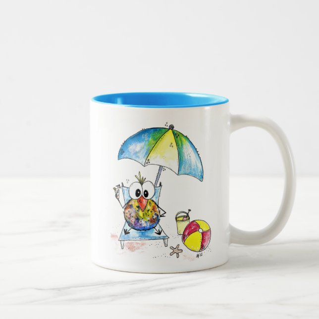 Niedlicher Whimsical Bird am Strand Zweifarbige Tasse (Rechts)