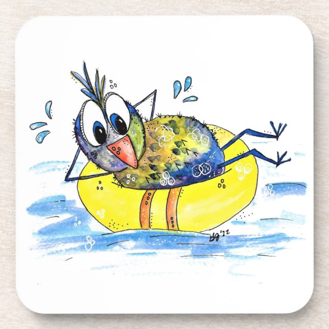 Niedlicher Whimsical Bird auf Floß Getränkeuntersetzer (Vorderseite)