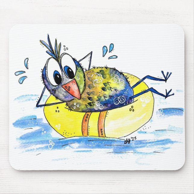 Niedlicher Whimsical Bird auf Floß Mousepad (Vorne)