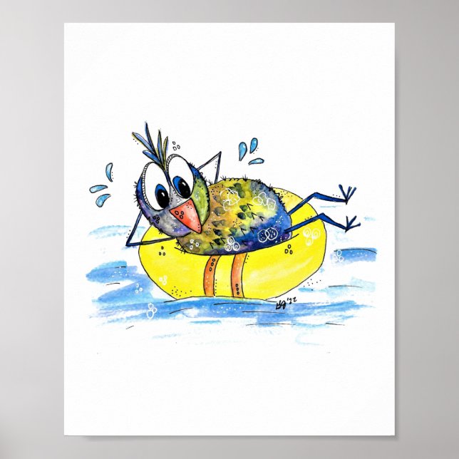Niedlicher Whimsical Bird auf Floß Poster (Vorne)