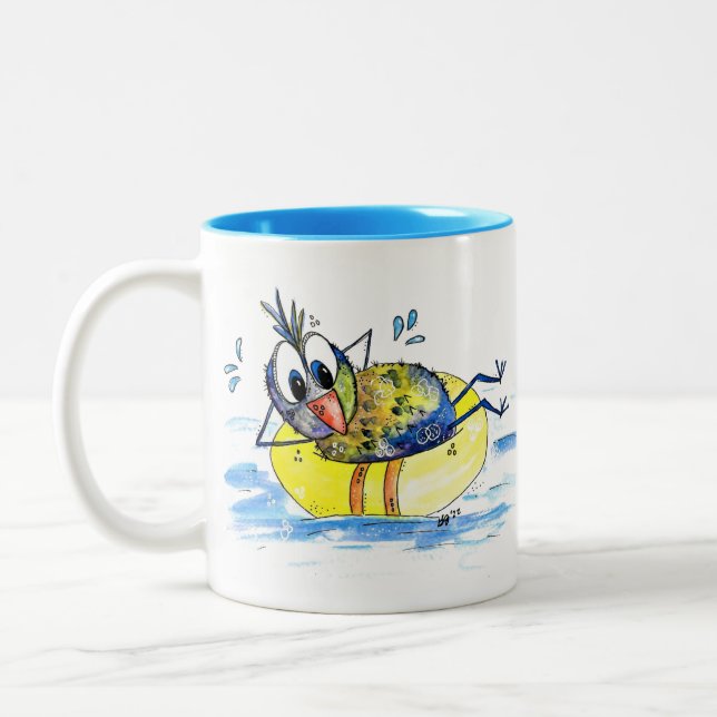 Niedlicher Whimsical Bird auf Floß Zweifarbige Tasse (Links)