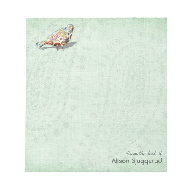 Niedlicher Whimsical Bird Paisley Green Custom Notizblock (Vorderseite)