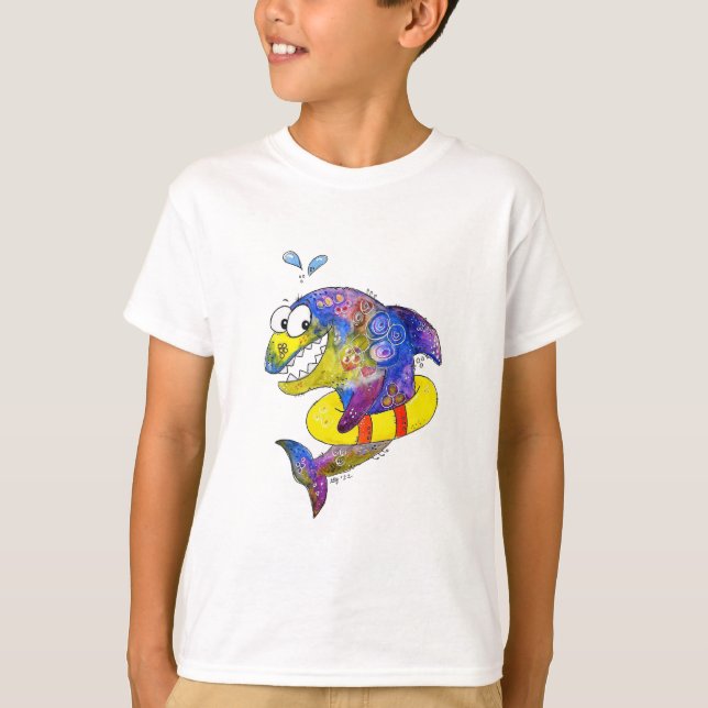 Niedlicher Whimsical Colorful Shark in Floor T-Shirt (Vorderseite)