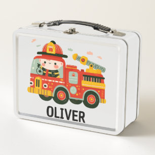 Niedlicher Whimsical Fire Truck und Feuerwehrmann Metall Brotdose