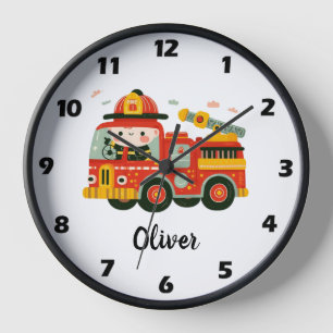 Niedlicher Whimsical Fire Truck und Feuerwehrmann Uhr