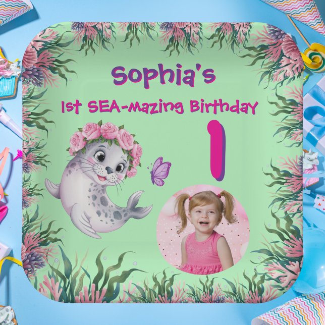 Niedlicher Whimsical Floral Sea Lion Girly Kinderg Pappteller (Von Creator hochgeladen)