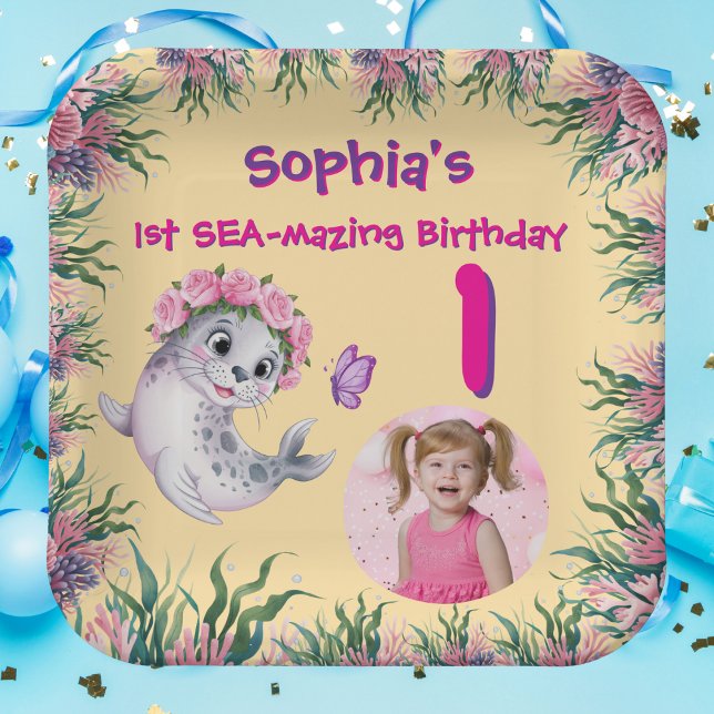Niedlicher Whimsical Floral Sea Lion Girly Kinderg Pappteller (Von Creator hochgeladen)