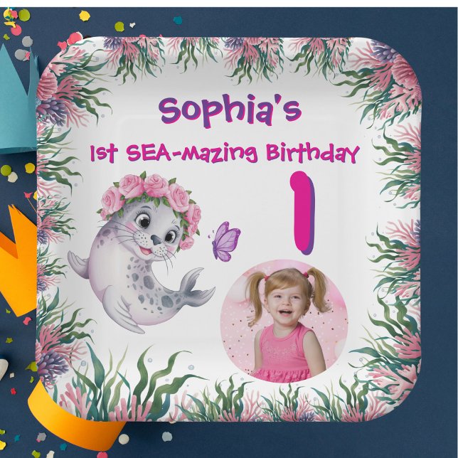 Niedlicher Whimsical Floral Sea Lion Girly Kinderg Pappteller (Von Creator hochgeladen)