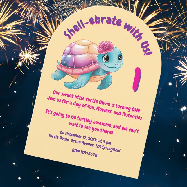 Niedlicher Whimsical Floral Turtle Girly Kindergeb Einladung (Von Creator hochgeladen)