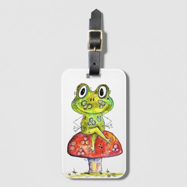 Niedlicher Whimsical Green Frosch auf Toadstool Gepäckanhänger (Vorderseite Vertikal)