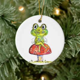 Niedlicher Whimsical Green Frosch auf Toadstool Keramik Ornament