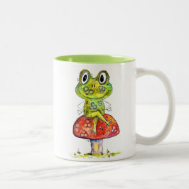 Niedlicher Whimsical Green Frosch auf Toadstool Zweifarbige Tasse